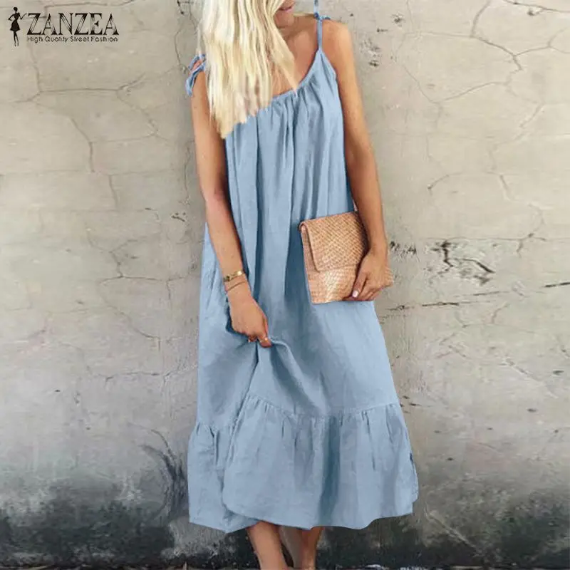 

2019 ZANZEA Women's Dress Summer Spaghetti Strap Ruffles Hem Sundress Casual Cotton Linen Maxi Dress Sexy Female Beach Dress