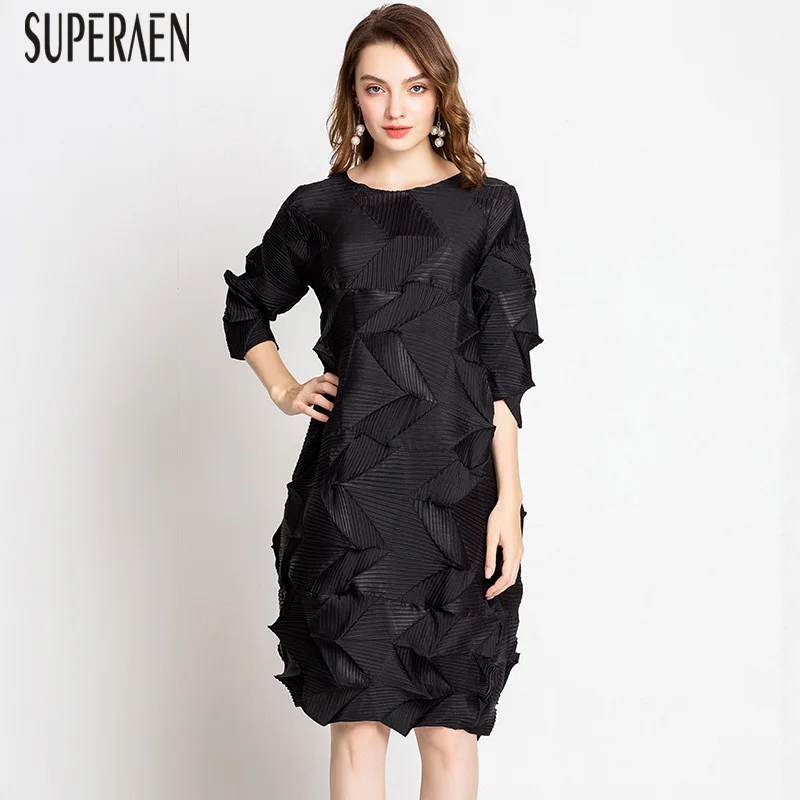 

SuperAen Europe Fashion Solid Color Women Dress Pluz Size Cotton Wild Ladies Dress New Spring 2019 Three Quarter Sleeve Dresses