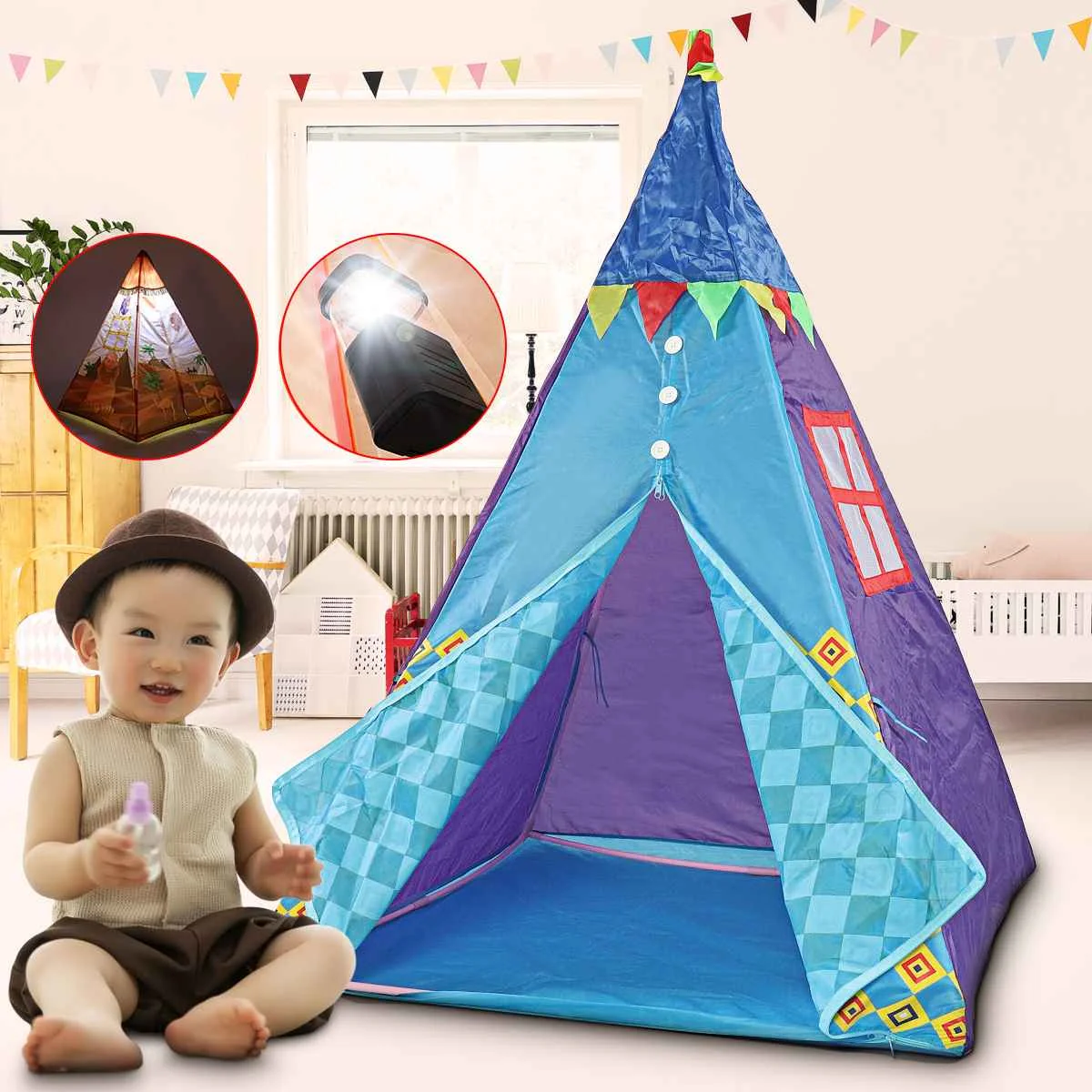 

Foldable Four Poles Kids Play Tipi Tents With LED Lantern For Kids Room Cotton Indoor Outdoor Children Baby Game Playhouse Room