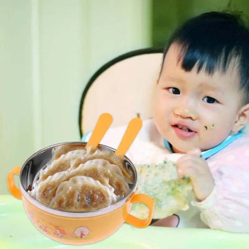 300 мл миска с ложкой набор для кормления ребенка детская посуда миска из нержавеющей стали мультяшная бинауральная кормушка для детей