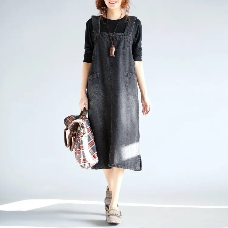 #2464 Spring Summer Denim Dresses Women Overalls Plus Size 4XL Loose Black/Blue Pockets Vintage Jeans Dress Spaghetti Strap