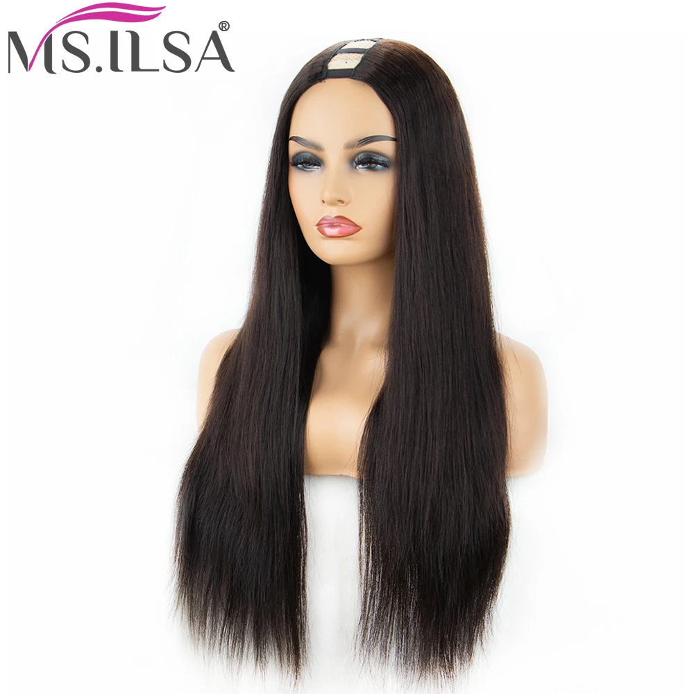 Beli 250% Kerapatan Lurus U Bagian Wig Rambut Manusia Wig untuk WANITA HITAM Bagian Tengah Brasil Remy Har Wig Penuh End MS. ILSA