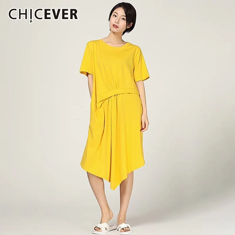 

CHICEVER Summer Casual Solid Draped Women Dress O Neck Short Sleeve Irregular Hem Loose Plus Size Mid Calf Dresses 2019 New