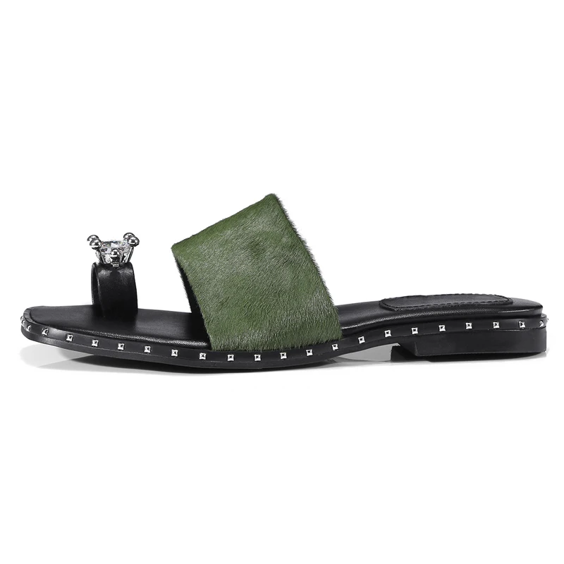 

Summer Style Horsehair Women Slippers Sexy Open-toe Flat Mules Green Leather Casual Shoes Woman Box packing 7777