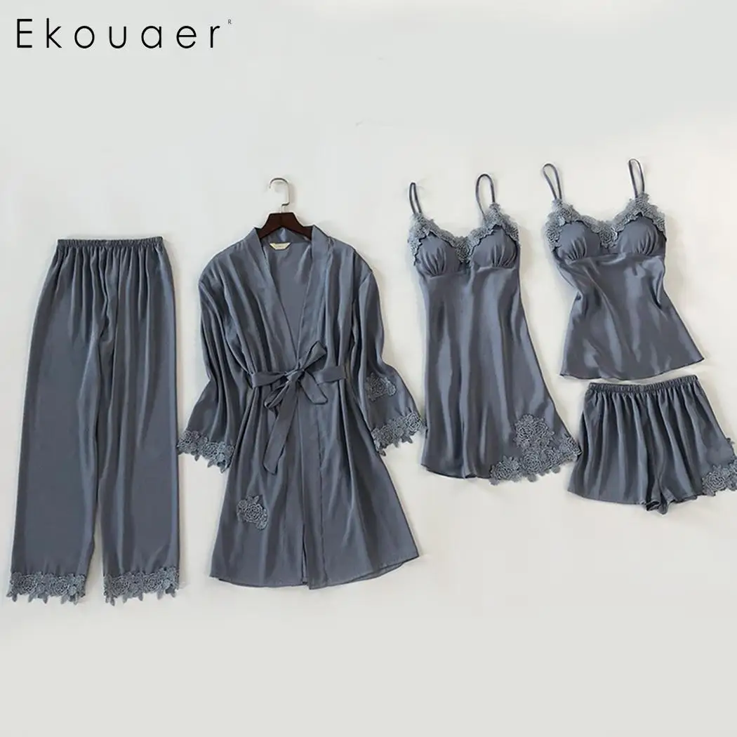 

Ekouaer 5pcs/Lot Sexy Women's Robe & Gown Sets Lace Bathrobe +Night Dress Sleepwear Female Sleep Set Faux Silk Robes Nightgown