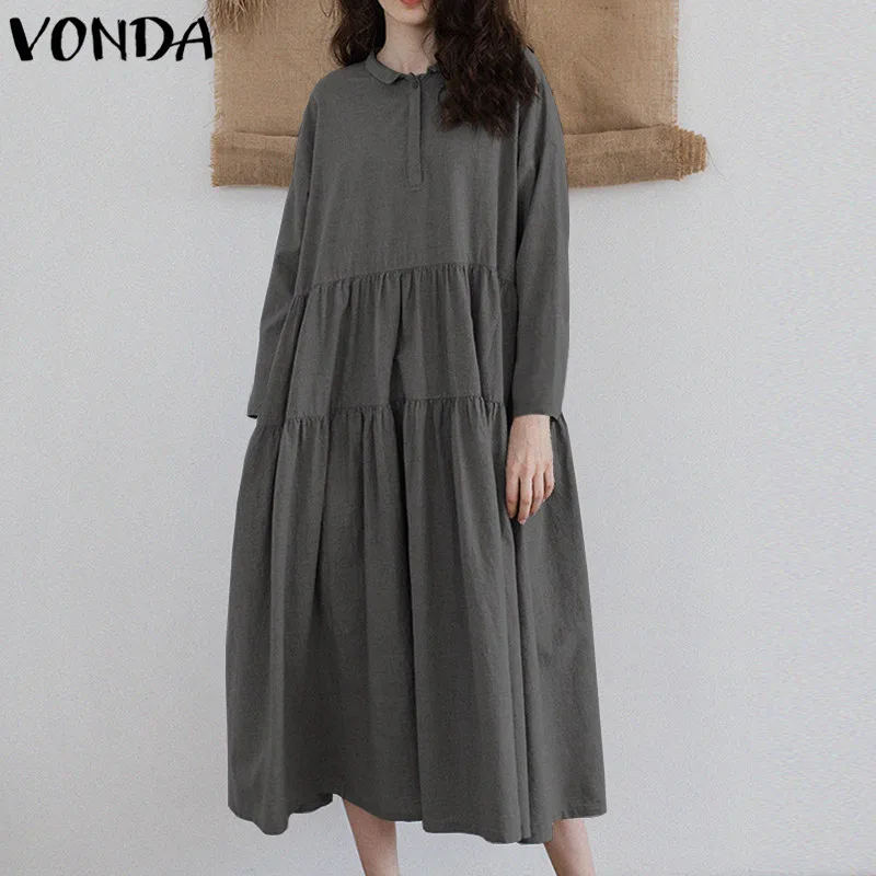 

VONDA Plus Size Women Pregnant Ruffle Shirt Dress 2019 Autumn Casual Loose Buttons Down Pleated Retro Vestidos Maternity Clothes