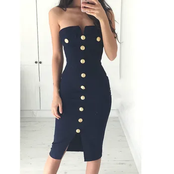 

Fashion Navy Blue Single Breasted Knee-Length Dress Women 2019 Summer Sleeveless Strapless Solid Dresses