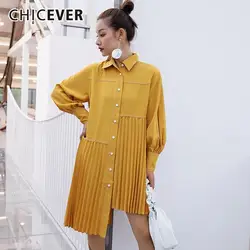 CHICEVER Блузки Топы Женский нагрудные Фонари рукавом Асимметричная Хем желтый плиссированная блузка корейской моды Повседневная одежда