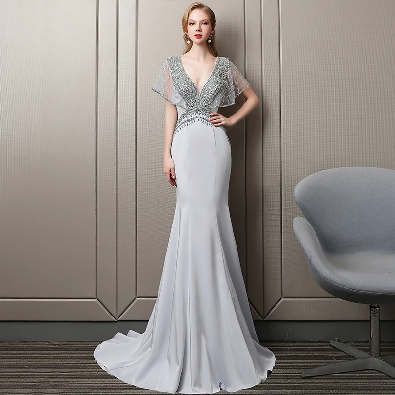 

Vivian's Bridal 2018 Fashion Gray Beaded Crystal Embroidery Mermaid Evening Dress Sexy Deep V-neck Sweep Train Long Party Dress