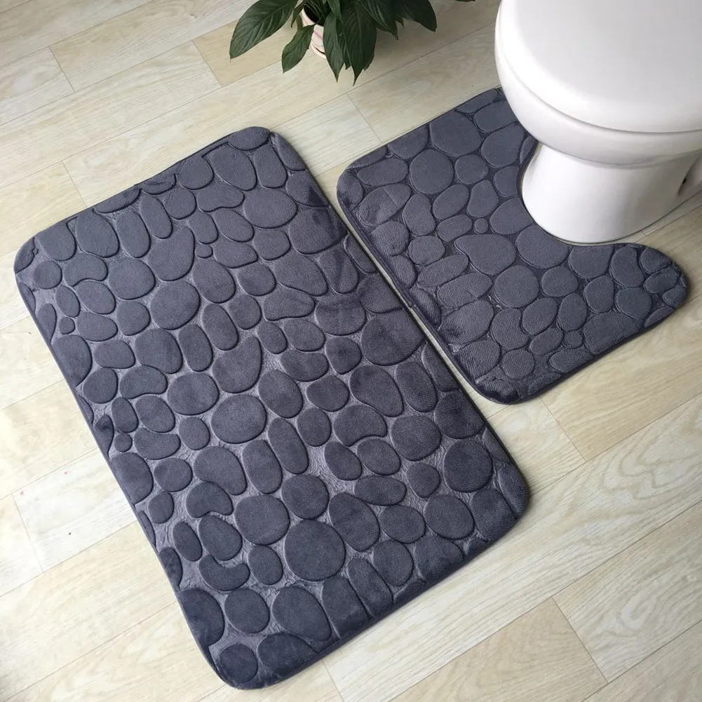 2pcs Non Slip Pebbles Memory Foam Bath Mat Pedestal Mat