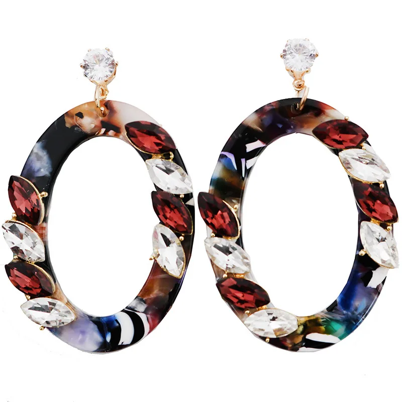 

2019 New Colorful Rhinestone Oval Shaped Acetic Acrylic Earrings For Women Blue Pink Mix-Color Ladies Party Statement Earring