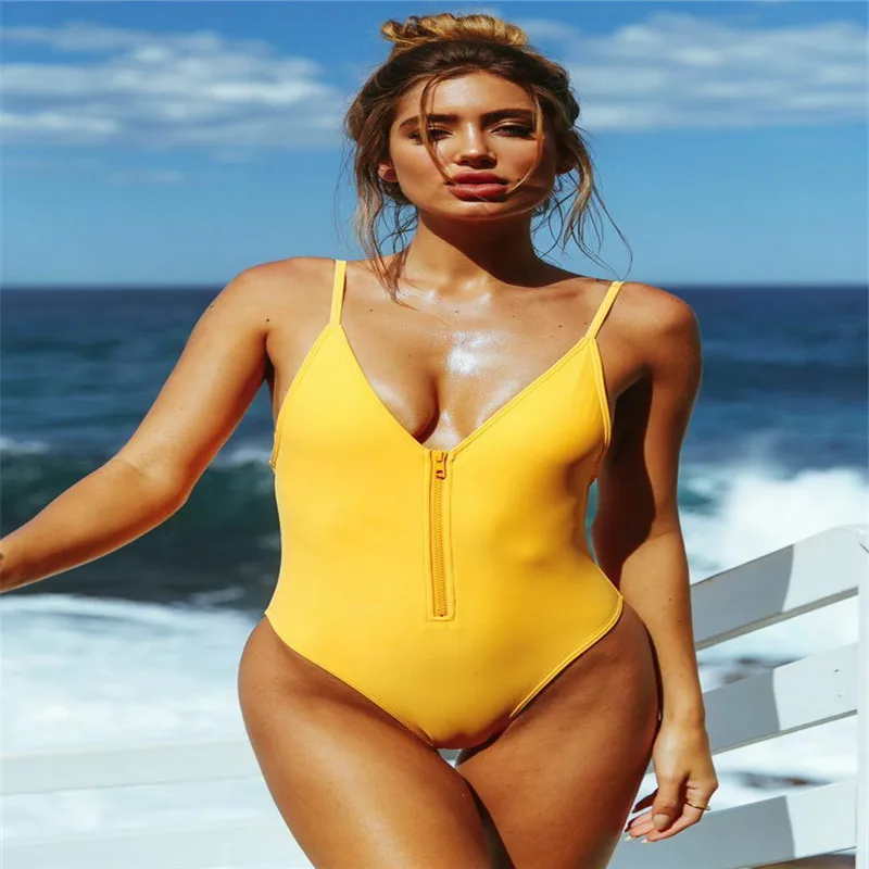 

Trendy Women clothes Polyester solid Sexy Zipper Front V-NECK Swimsuit Bodysuit One-piece Backless Swimwear