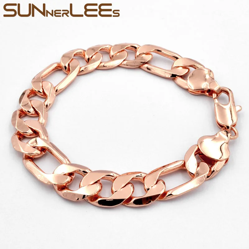 SUNNERLEES Модные украшения Снаряженная Кубинский Фигаро цепочка браслет Роза бело-золотые 5 мм-12 мм Для мужчин Для женщин подарок C26 B