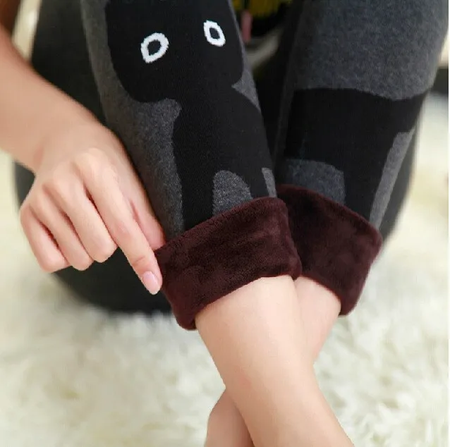 Женские черные брюки с принтом Kawaii Cat плотные флокированные повседневные женские