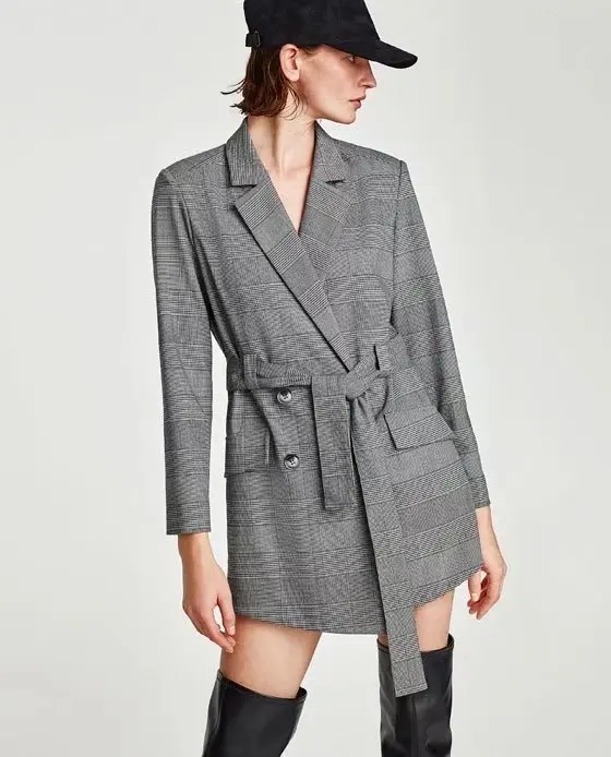 

2019 New Turn Down Collar Long Sleeve Plaid blazer Female OL Gothic Office Belt Suit long-blazers-women Business Outerwear