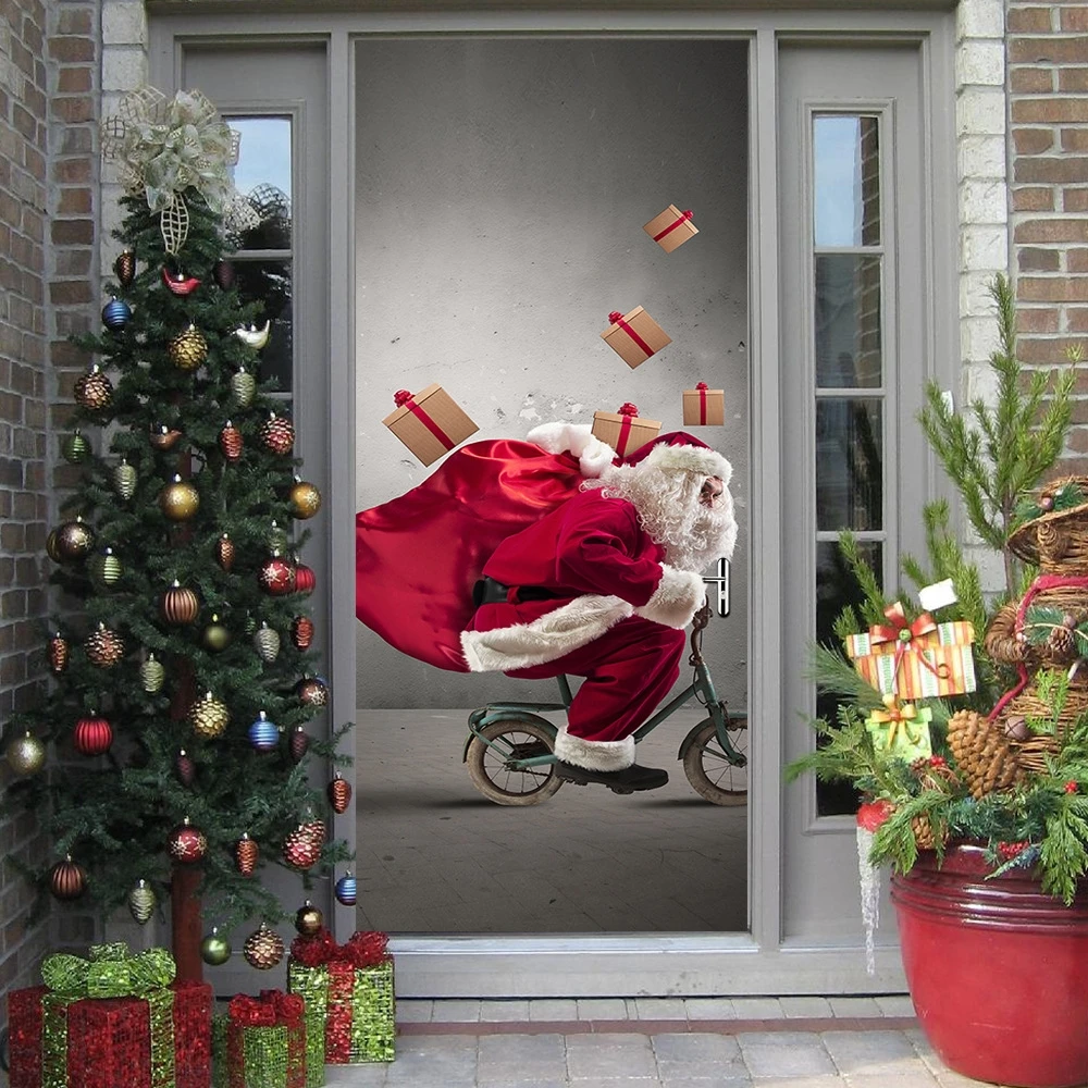 

3D Riding Father Christmas Door Mural Sticker Living Room Bedroom Door Decoration Decal Home Decor Waterproof Door Sticker Kids
