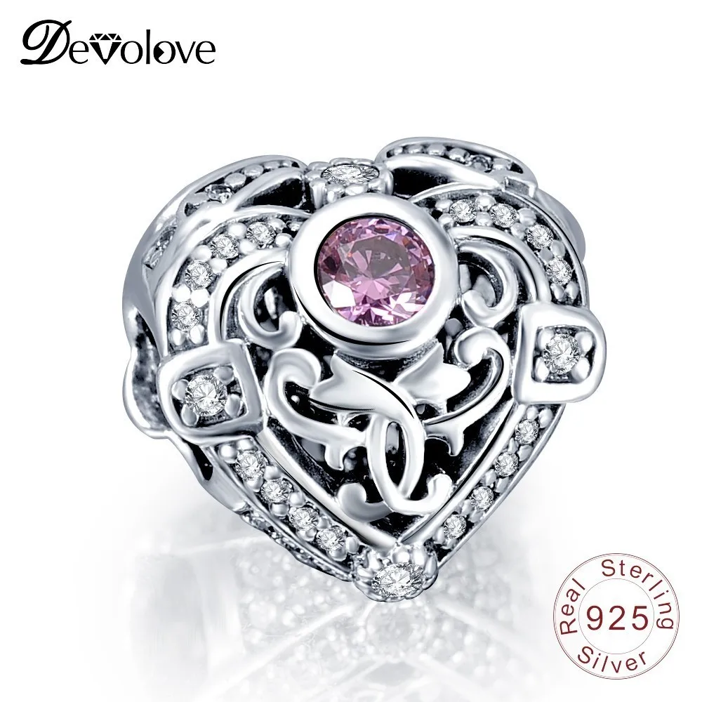 

Devolove Pink CZ Heart Love Charm Bead Fit Pandora Bracelet 925 Sterling Silver Zircon Fine Jewelry PSMB0617 Dropshipping