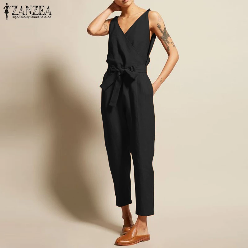 

Women Jumpsuits ZANZEA 2019 Summer Rompers Ladies Casual Sleeveless Overall Jumpsuit Side Pockets Combinaison Femme Long Pants
