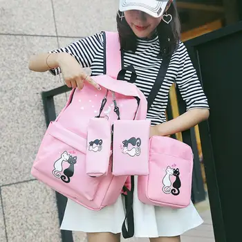 

4pcs Lovely Cute Cat Printed Backpack Set Preppy Canvas Shoulder Pen Bags Girls Students Chic School Bag for Women Female Lady