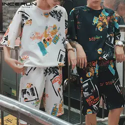 INCERUN 2019 модный принт мужские комплекты свободные футболки и шорты Уличная пара комплекты две штуки Лето Хип-хоп повседневные футболки 5XL