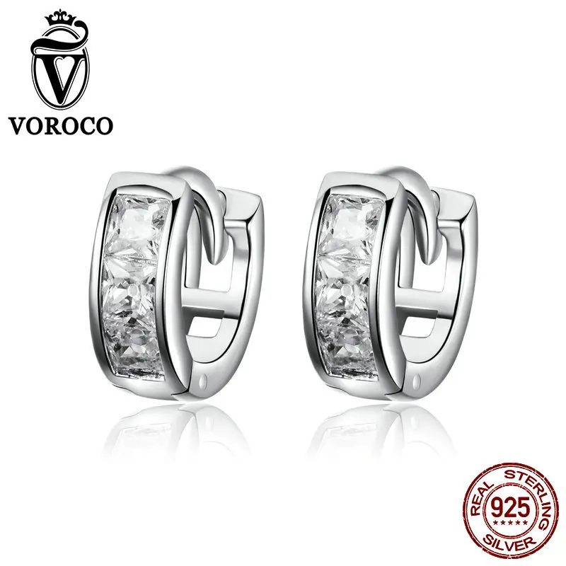 

VOROCO Real 925 Sterling Silver Dazzling Circle Drop Earrings Zircon Round Earrings For Women Wedding Fine Jewelry Gift BKE515
