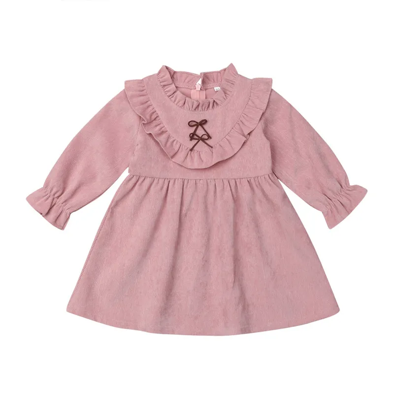 

2018 Princess Kids Baby Girls Party Dress Puff Sleeve Ruffles Collar Bowknot Zipper Dress Lovely Solid Wedding Clothes 1-5Y