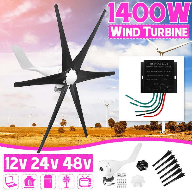 

1400W 12V/24 V/48V 6 Blades+Controller Wind Turbines Generator Power Windmill Energy Turbines Charge for Home Or Camping