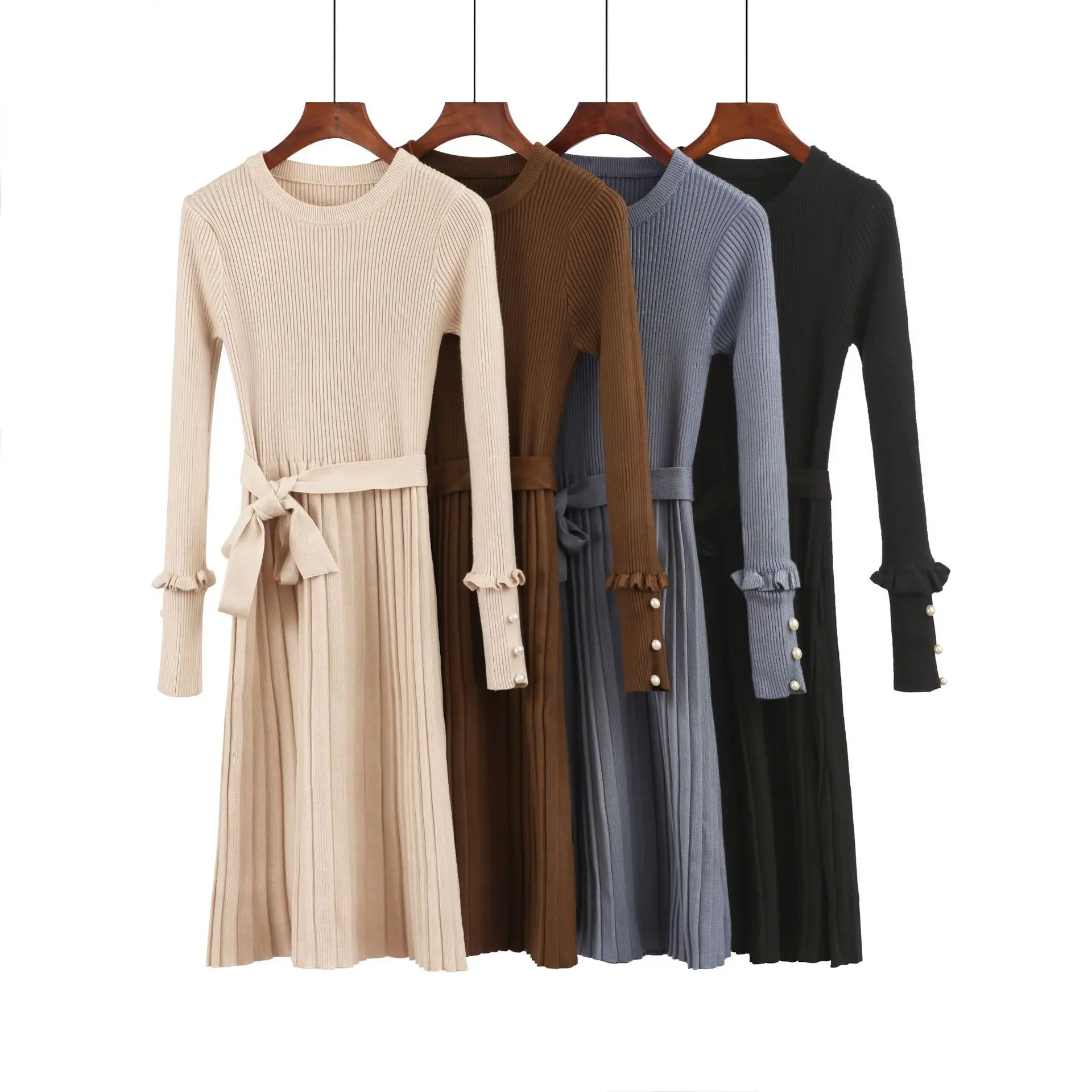 

[Lakysilk] Fashion Knitted Sweater Dress For Women Winter Thick Long Dress Office Ladies O-Neck Belt Full Sleeve Cotton Dresses