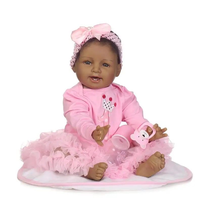 

Black Skin Reborn Baby Girl Doll 3D Cute Soft Silicone Realistic Baby Dolls With Cloth Set Kids Accompany Playmate Toy Gift