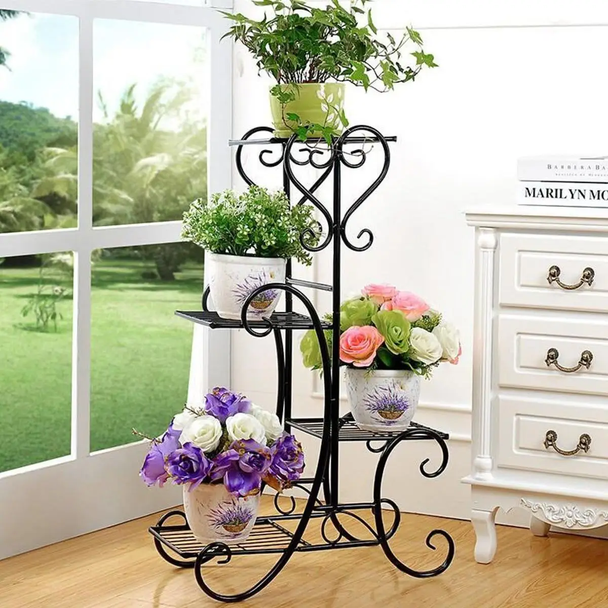 

84x48x25cm 4 Tiers Metal Flower Plant Display Stand Black Home Garden Indoor Outdoor Plant Flower Pot Storage Rack Corner Shelf