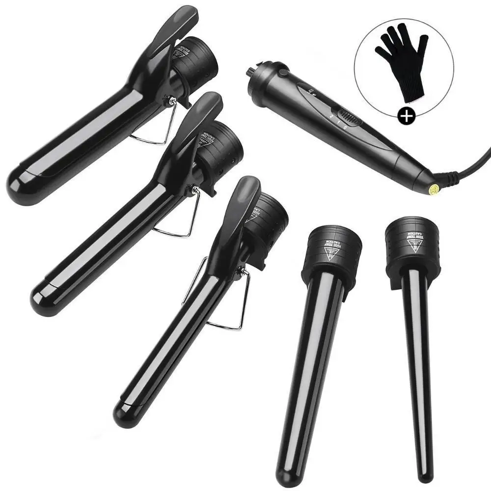 spesifikasi Curling Iron 5 In 1 Rambut Atlet Curling Putra Curling Wand Set 0.3 untuk 1.25 Inch Dipertukarkan Keramik Barel dengan Tahan Panas sarung Tangan