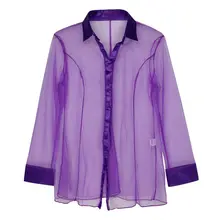 Womens Tops Fashion Sexy Sleepwear Long Sleeve Shirts Mesh Sheer Pajamas Transparent Ladies Shirt