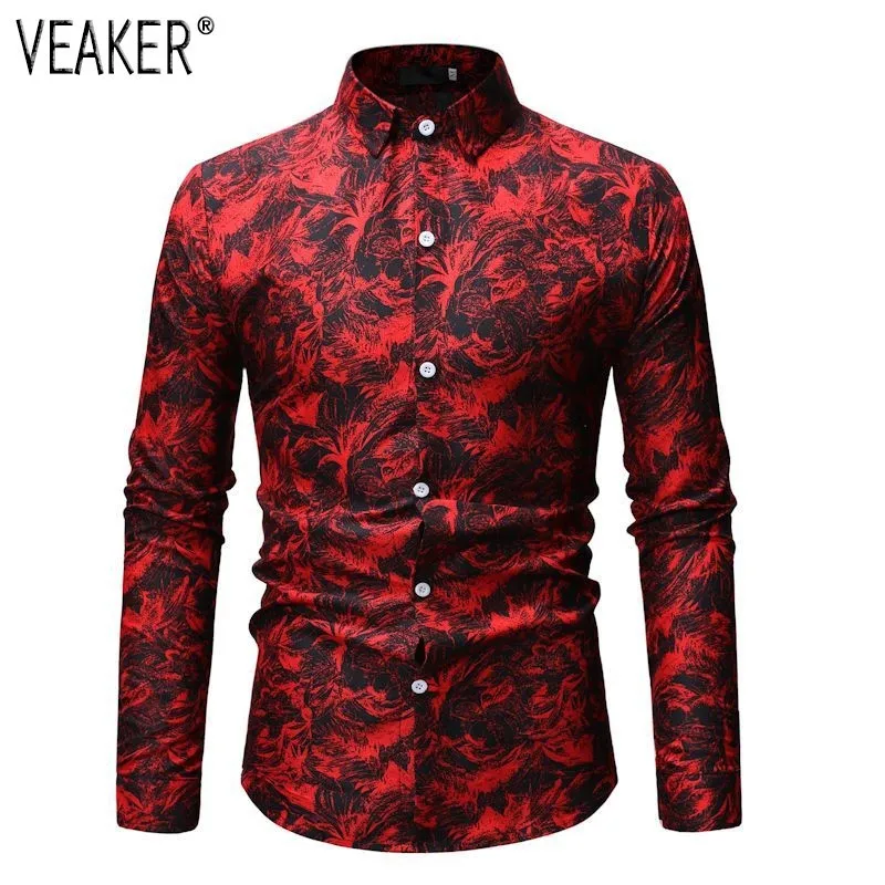 2019 ربيع جديد الرجال الأزهار قمصان مطبوعة الذكور ضئيلة تيشيرت ضيق بأكمام طويلة قمصان الرجال زهرة طباعة قميص قمم M-3XL