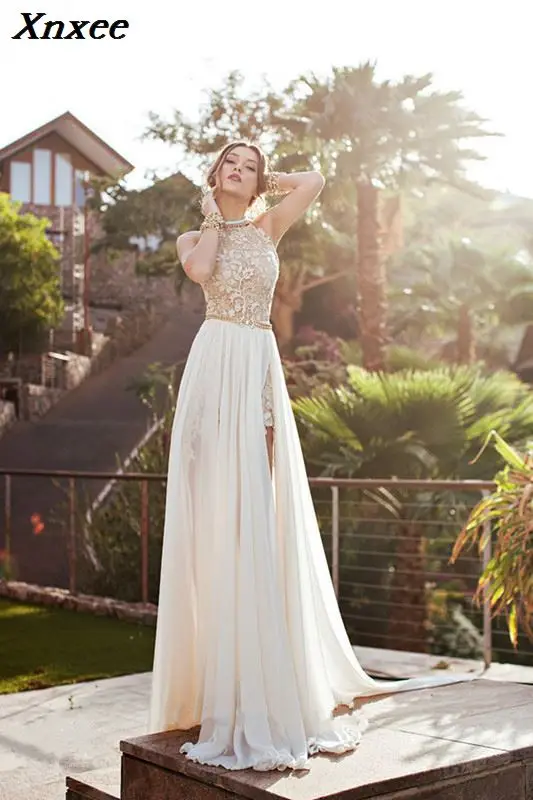 

2018 New Arrival Sleeveless Halter Court Train Sexy Neck Hanging Dew Back Small Full Dresses A-line Longuette Dress As Pictures