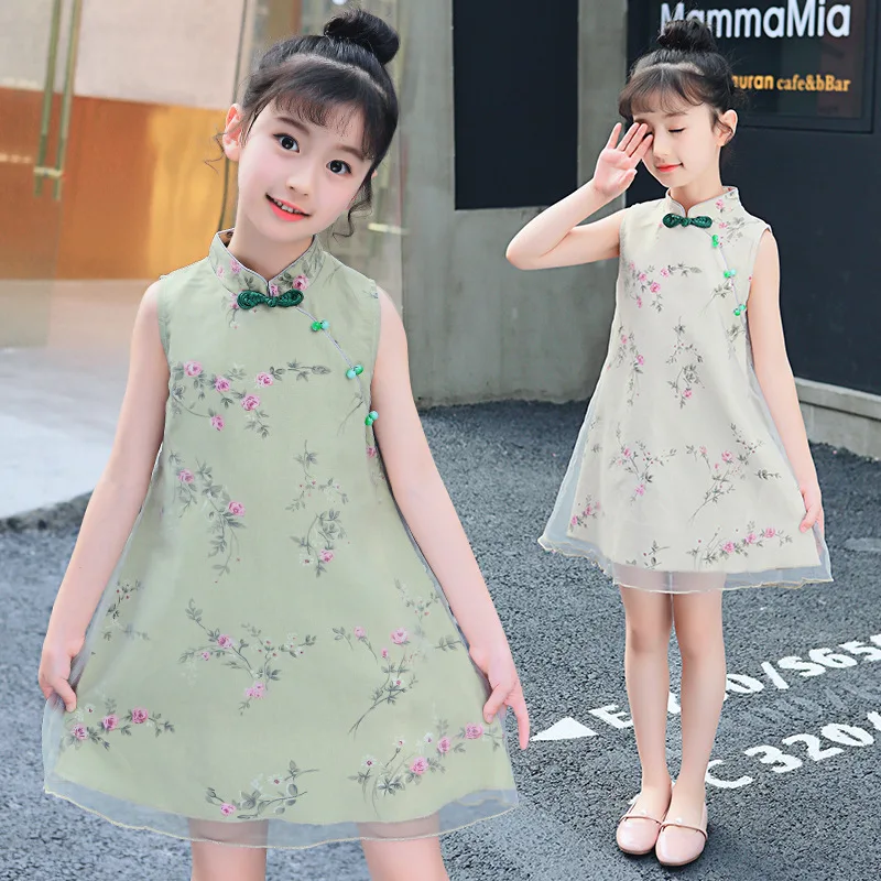 

Chinese Style Princess Yarn Dress Flower Cheongsam Modern Children Vintage Qipao Dresses China A-line Skirt Cotton Qi Pao