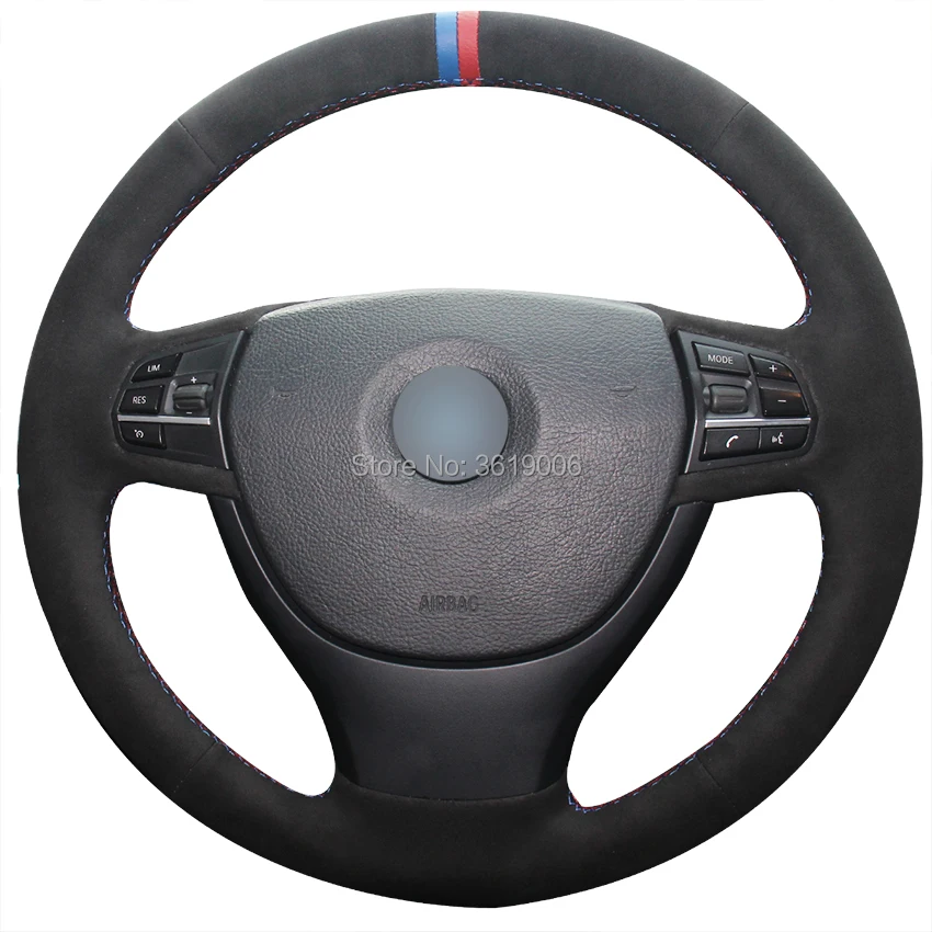 cheap For BMW F10 523Li 525Li 2009 730Li 740Li 750Li Hand stitched Anti Slip Black Suede Blue Red Marker DIY Steering Wheel Cover