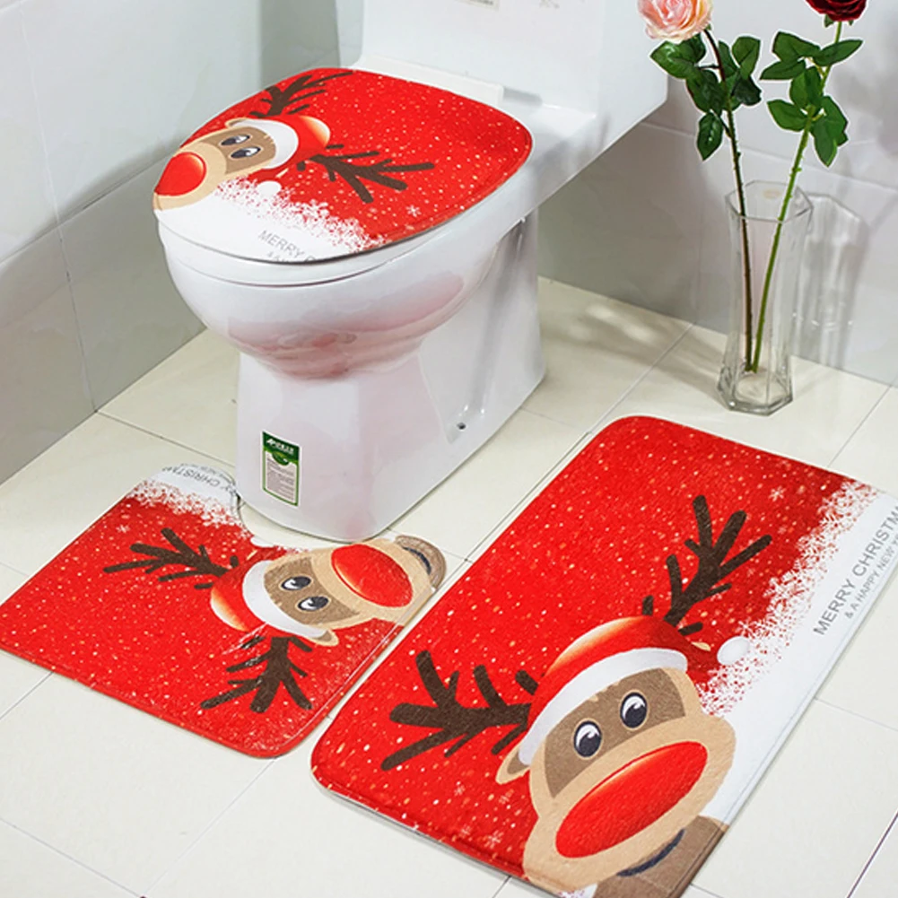 3Pcs/Set Christmas Toilet Seat Cover and Rug Set Toilet Seat and Tank Cover Set for Christmas
