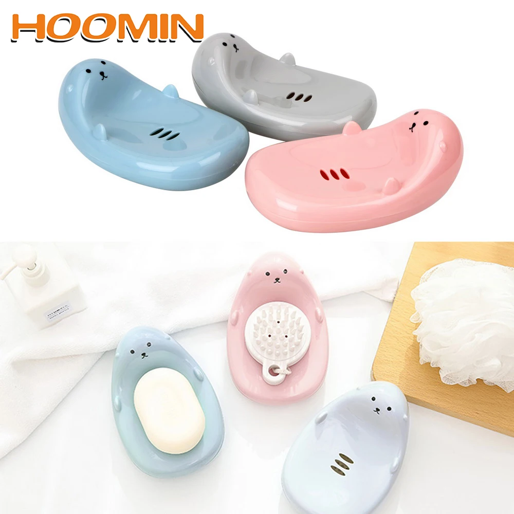 

HOOMIN Container Sink Sponge Box Soap Dish Case Plastic Holder Bathroom Accessories Washroom Organizer Drain Soap Box Bear Shape
