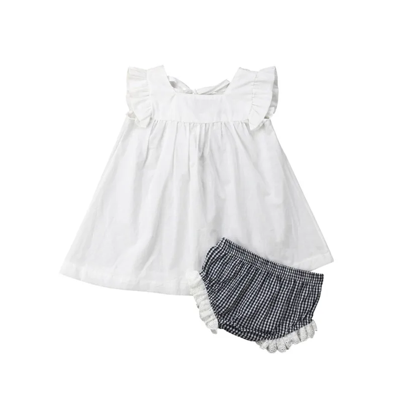 Лето, модные комплекты одежды для маленьких девочек, 2 предмета, белая футболка, топ и клетчатая юбка-пачка, комплект со штанами для девочек 0-24 месяцев
