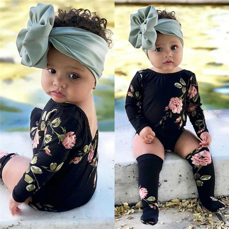 

0-18M Infant Kids Baby Girls Floral Bodysuit Elegant Summer Long Sleeve Flower Sunsuit Cute Princess Outfits