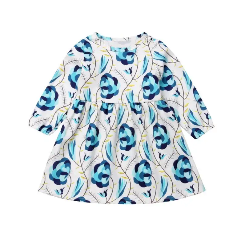 Toddler Kids Baby Girls Clothing Long Sleeve Floral Dress Casual Cute Party New Blue Dress Cute Clothes Girl 2-9T