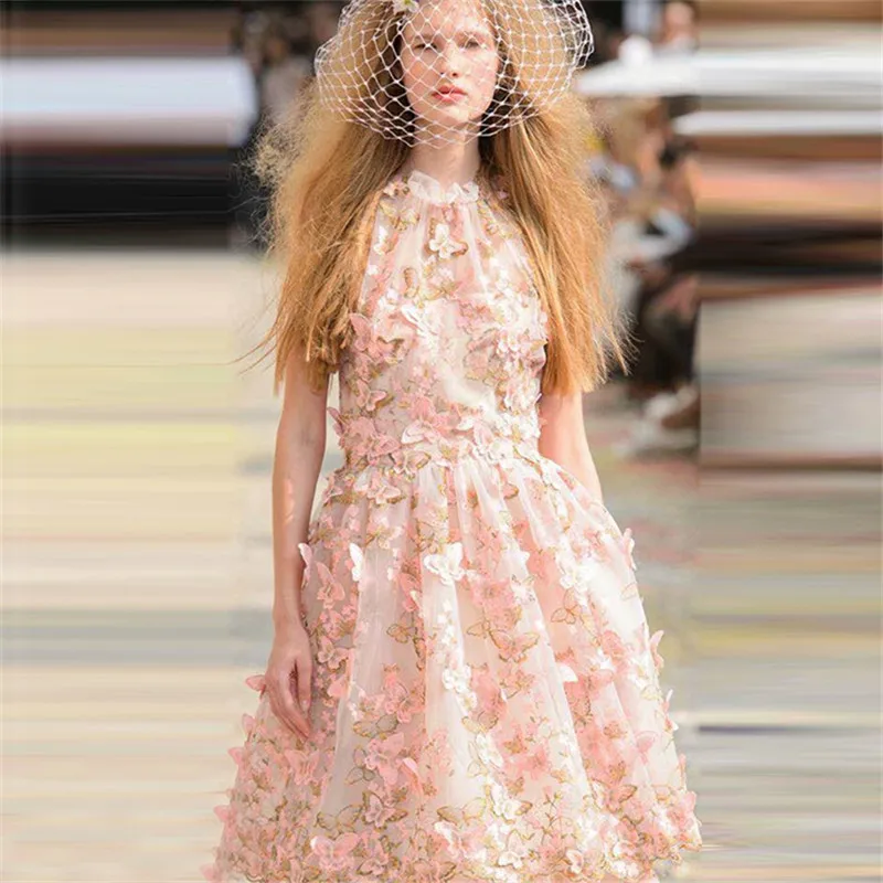 

2019 Spring New Sweet Pink Butterfly Appliques Slim Midi Dress Women Designer Runway Sarafan Female Party Dresses Clothes