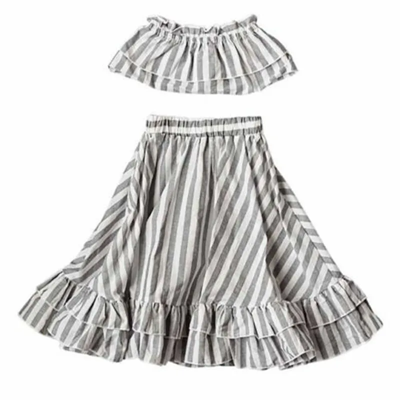 

2-7 Year's Children Clothing Casual Kids Girl Wrap Chest Ruffle Crop Tops Princess Party Maxi Skirt 2Pcs Striped Outfits Clothes