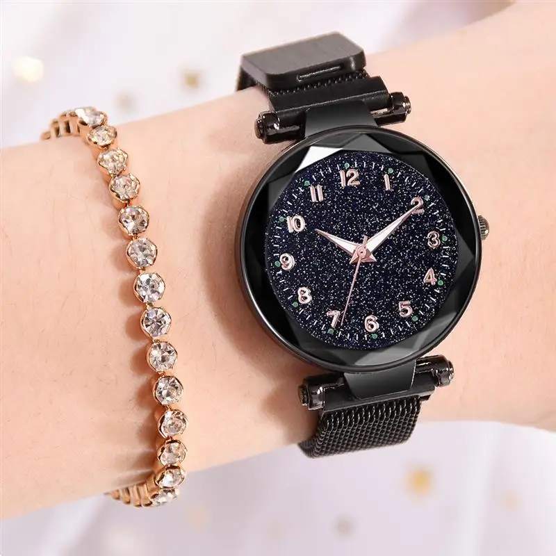 

Fashion Starry Sky Watch For Women Magnetic Buckle Mesh Band Stainless Steel Analog Quartz Wristwatch 2019 New Gold Watches