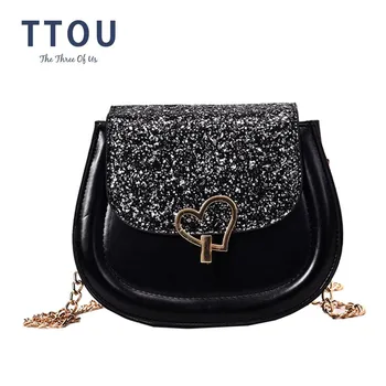 

TTOU Crossbody Bag For Women Messemger Bags Pu Leather Heart Shoulder Bag Fashion Sequin Patchwork Lady Semicircle Saddle