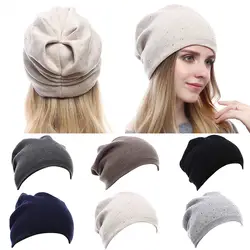 Для женщин вязаные шапочки шляпа Стразы Декор двойной слои ребристые поля осень зима мешковатая шапка одноцветное цвет теплые Skullies