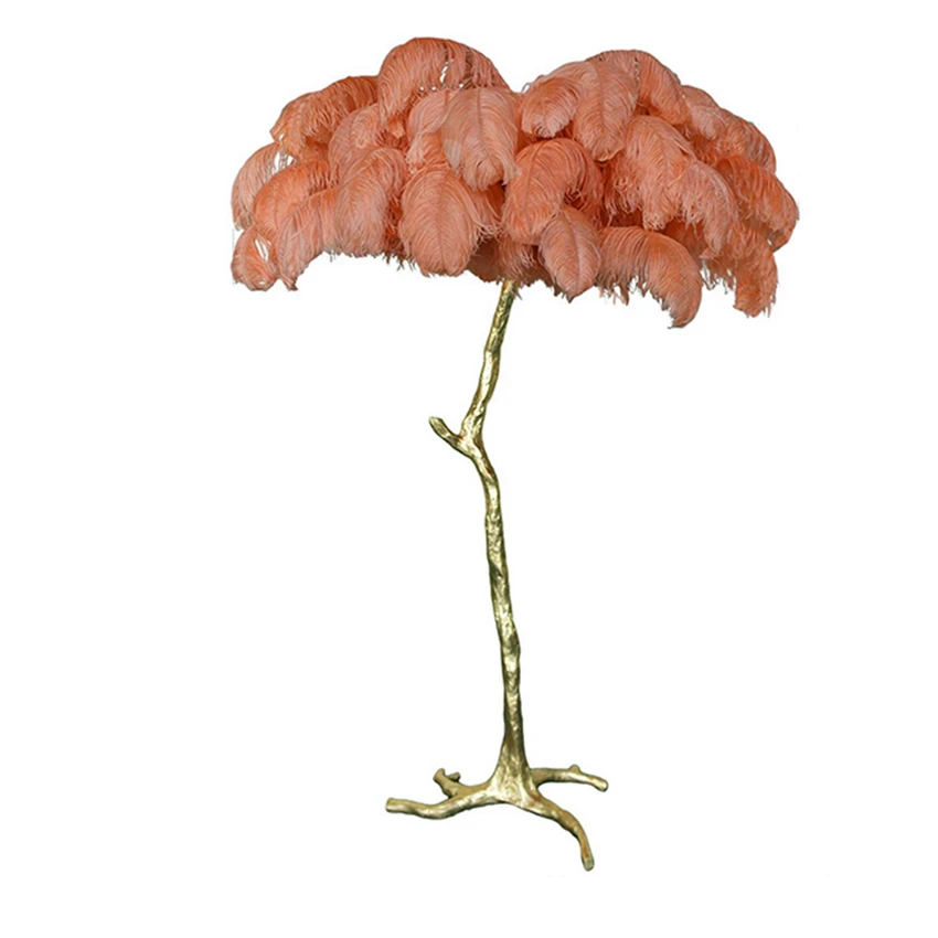 

Nordic Copper Floor Light Ostrich Hair LED Floor Lamp Bedroom Living Room Hotel Through Stand Light Lighting Stand Lamp Fixtures