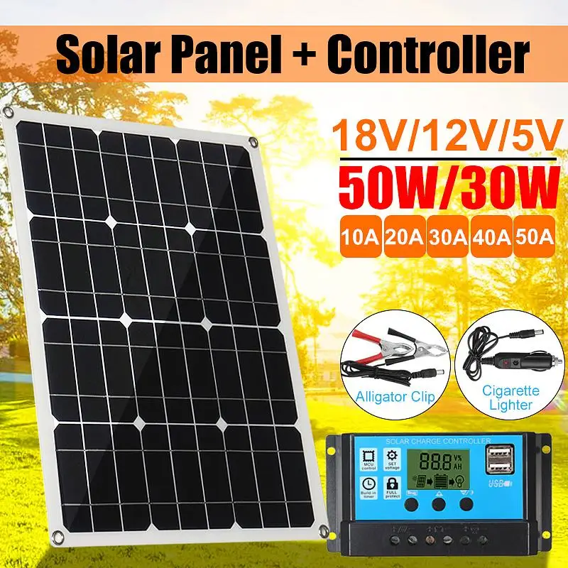 

18V 50W double USB Output Solar Panel Solar Cells Poly Solar Panel+ Controller For boat Car Battery MC4 Cable 10/20/30/40/50A