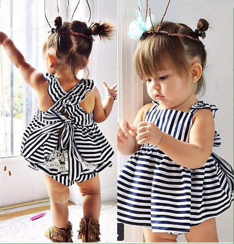 

Girls Summer Cotton Vest 2018 New Explosions Tide Baby Sling Children Baby Girl Striped Navy Blue