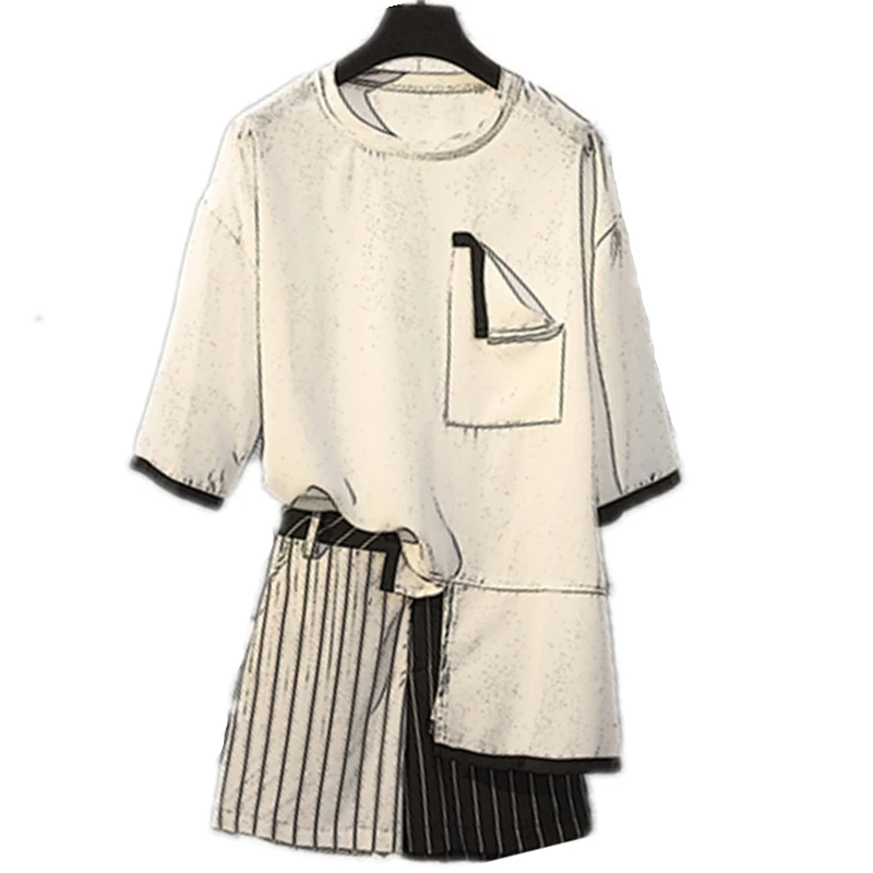 

summer women Korean fashion chiffon blouse striped short pants suit casual shorts outfit costume irregular top L -4XL plus size